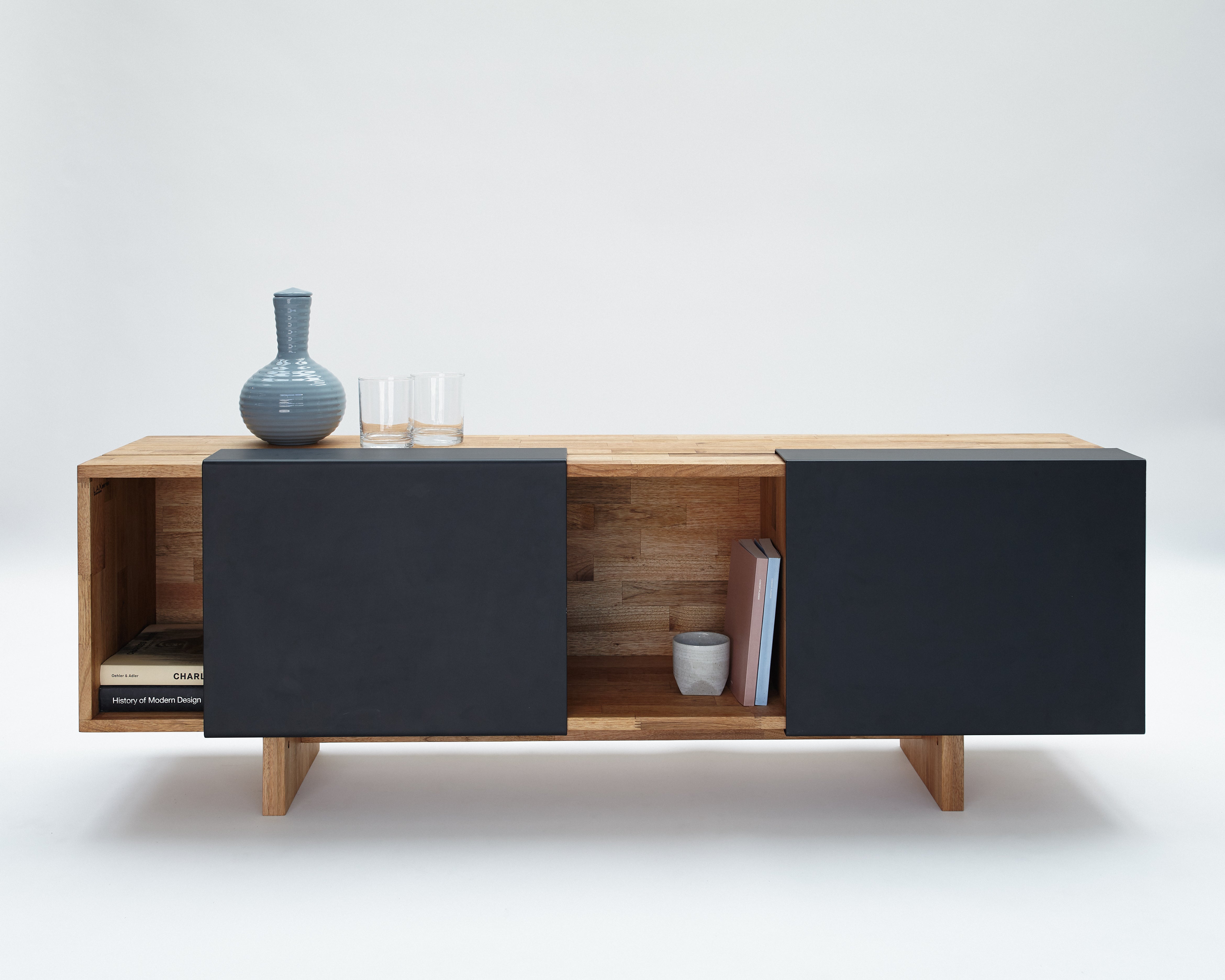 3X Shelf with Base- English Walnut, Matte Black Panels