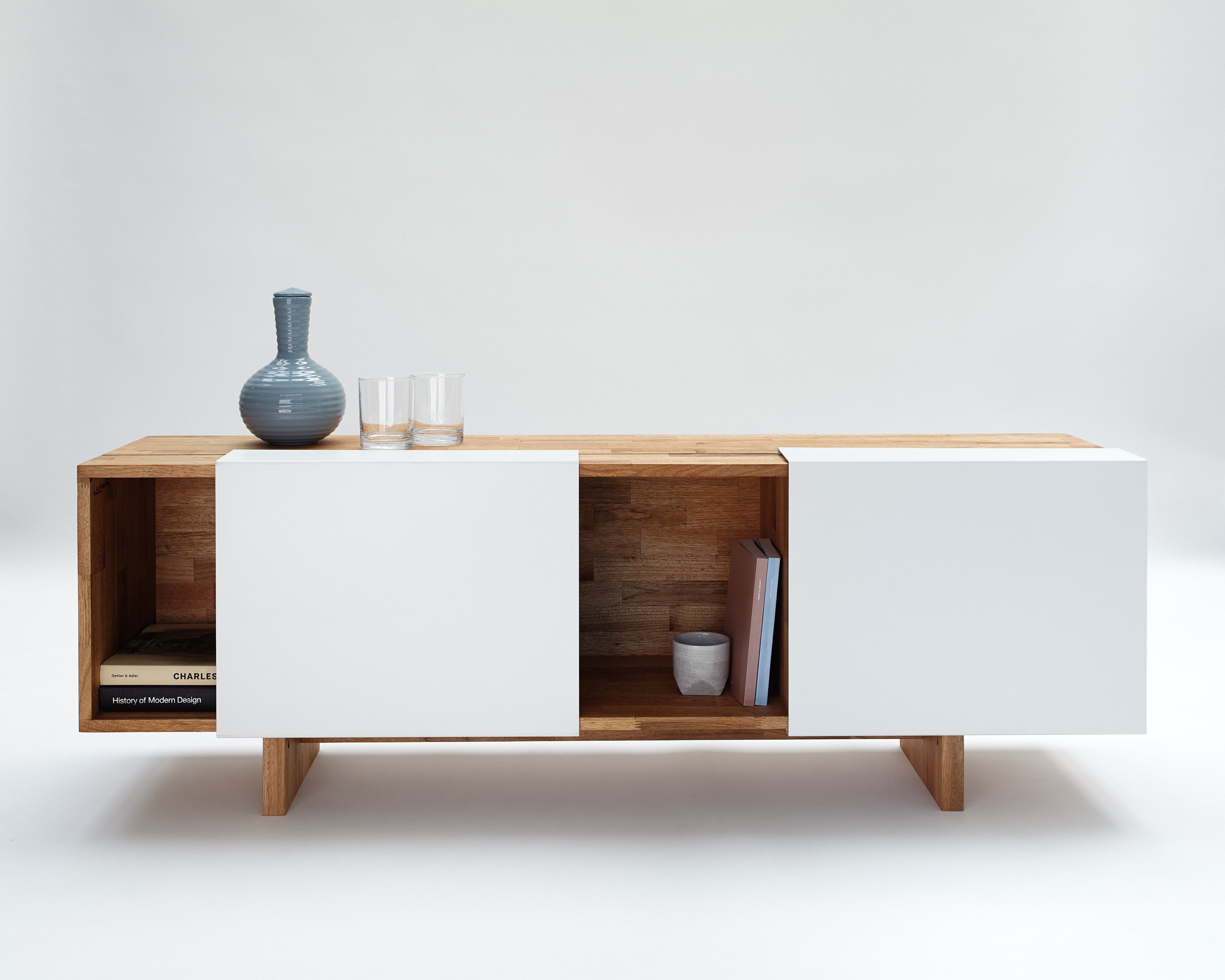 3X Shelf with Base- English Walnut, Gloss White Panels