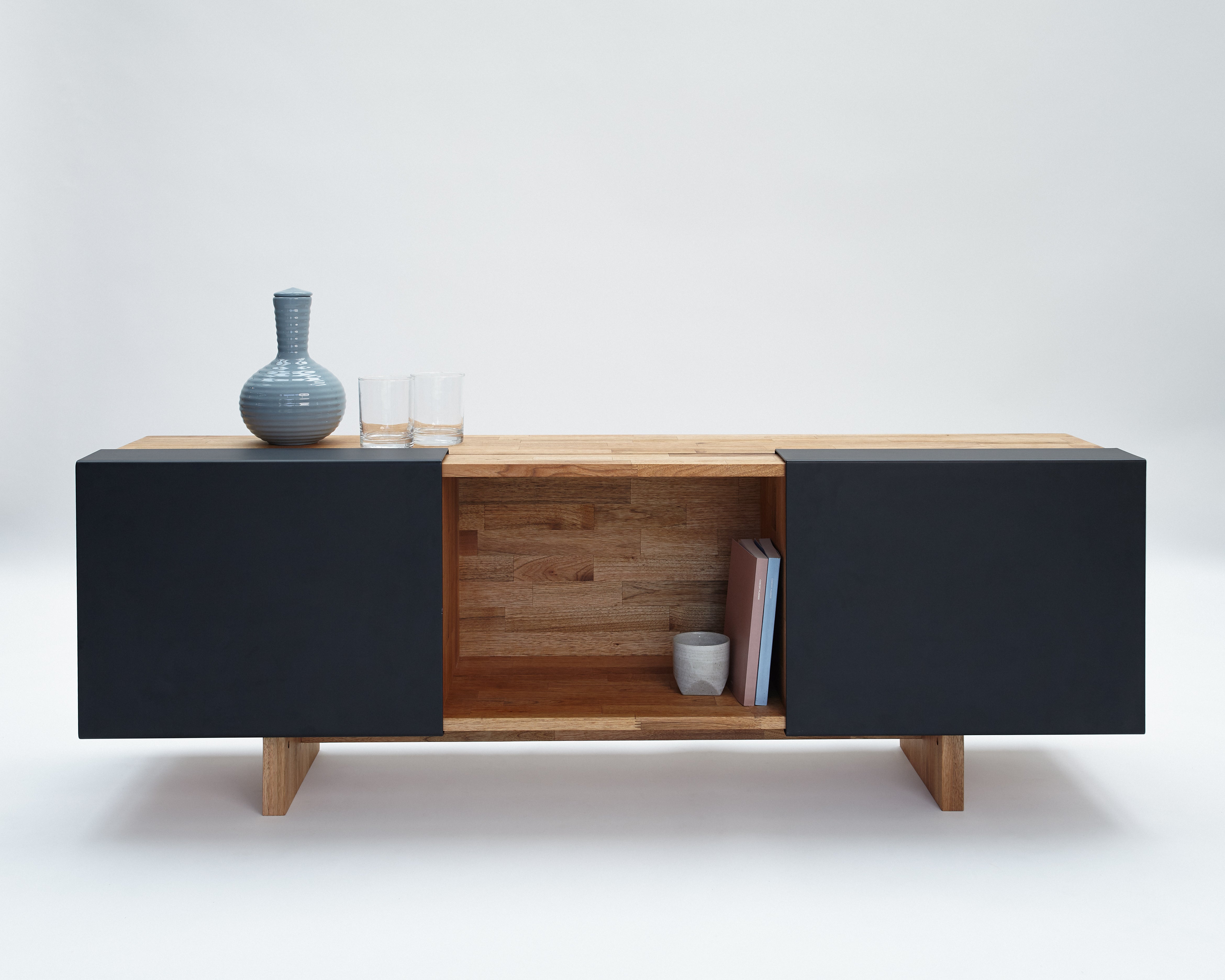 3X Shelf with Base- English Walnut, Matte Black Panels