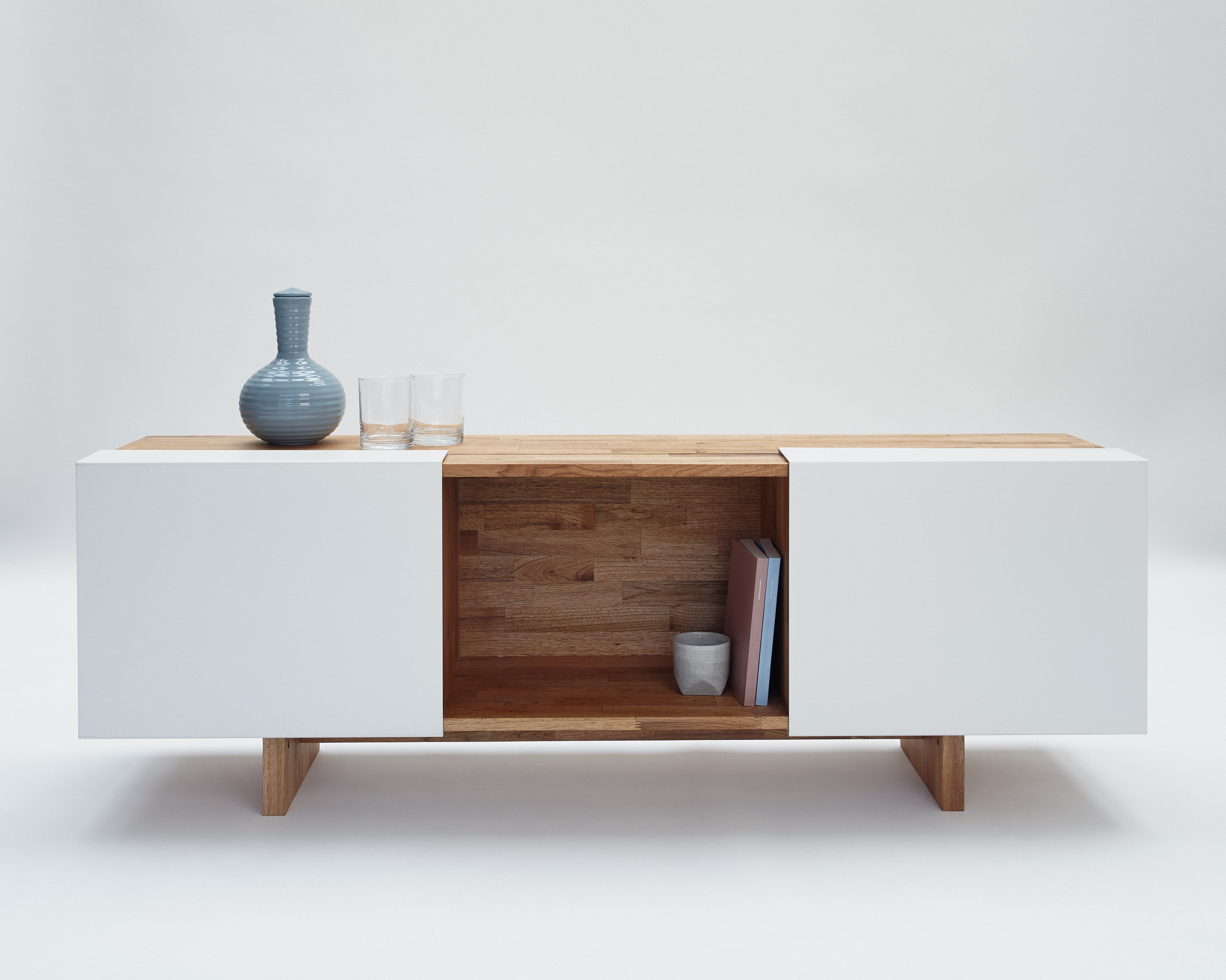 3X Shelf with Base- English Walnut, Gloss White Panels