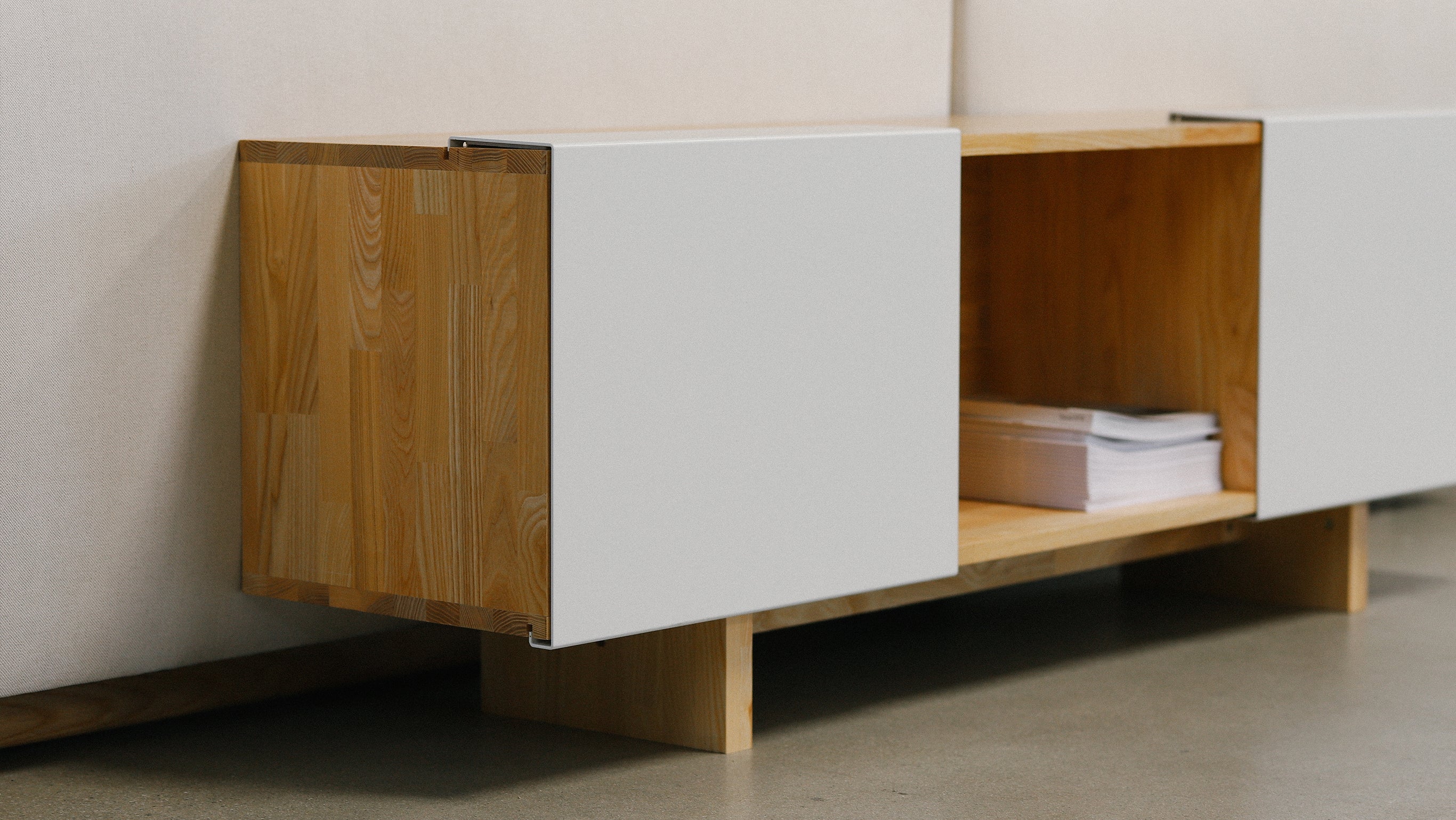 3X Shelf with Base- English Walnut, Gloss White Panels